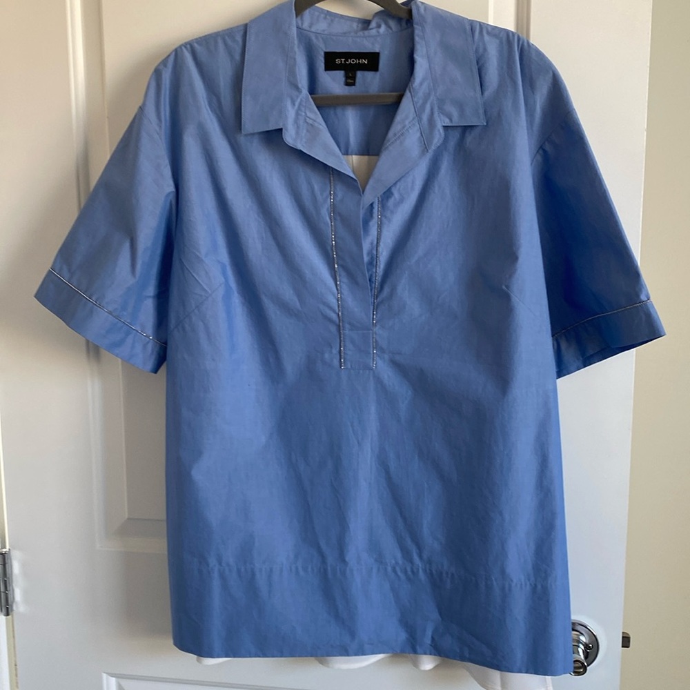 St. John Chambray/Silk Pullover Blouse w/Metallic Trim - Size L